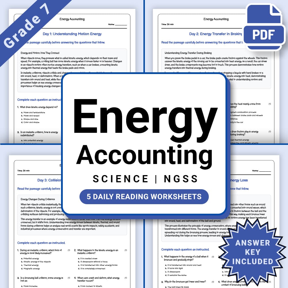 Grade 7 Science daily reading worksheet worksheet — Grade 7 Science – Energy Accounting Worksheet(PDF + Answer Key) — page 1