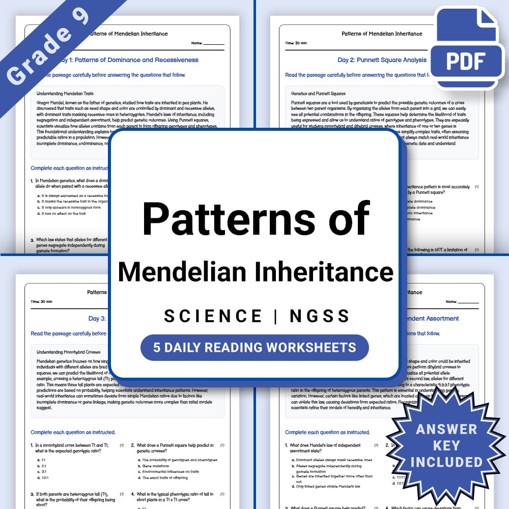 Grade 9 Science daily reading worksheet worksheet — Grade 9 Science – Patterns of Mendelian Inheritance Worksheet(PDF + An…