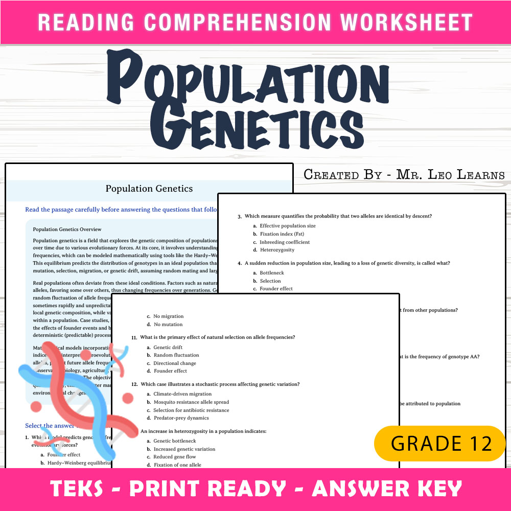 Grade 12 Science worksheet worksheet — Grade 12 Science – Population Genetics Worksheet for Mastery — page 1