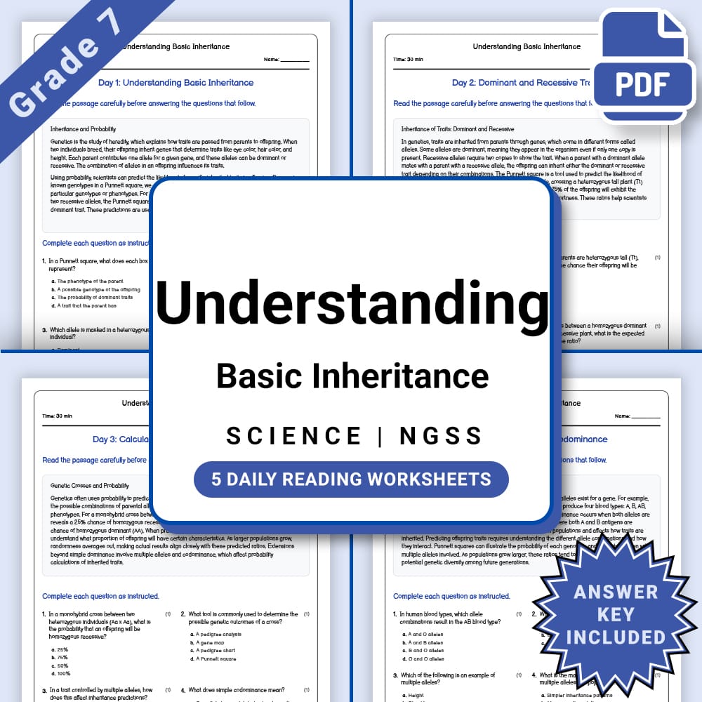 Grade 7 Science daily reading worksheet worksheet — Grade 7 Science – Understanding Basic Inheritance Worksheet(PDF + Answ…