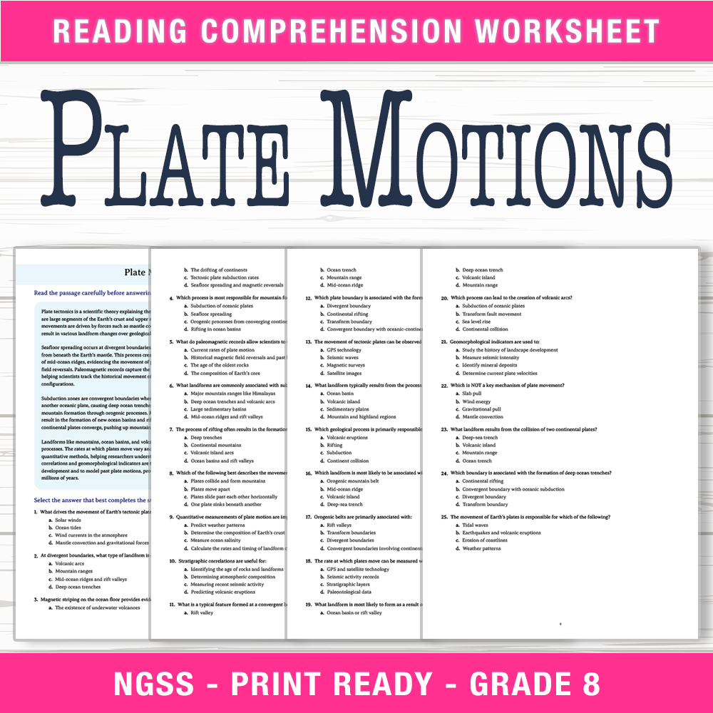 Grade 8 Science worksheet worksheet — Grade 8 Science – Plate Motions Worksheet (PDF + Answer Key) — page 1