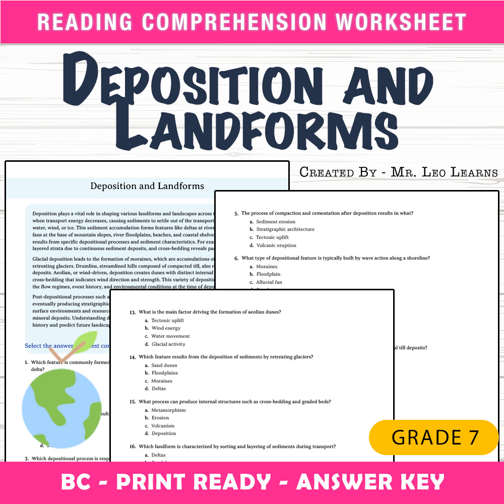 Grade 7 Science worksheet mcq paper worksheet — Grade 7 Science — Deposition and Landforms Worksheet MCQ Paper — page 1