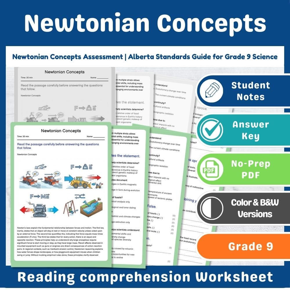 Grade 9 Science assessment worksheet — Newtonian Concepts Assessment | Alberta Standards Guide for Grade 9 Science — page 1