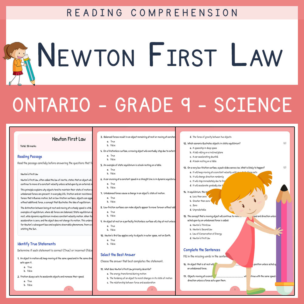 Grade 9 Science worksheet elena worksheet — Grade 9 Science | Newton First Law Worksheet Elena | Ontario Standard — page 1