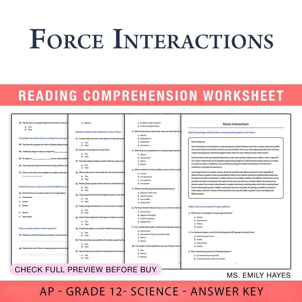 Grade 12 Science worksheet assessment worksheet — Grade 12 Science | Force Interactions Assessment Worksheet (PDF+ Answer…