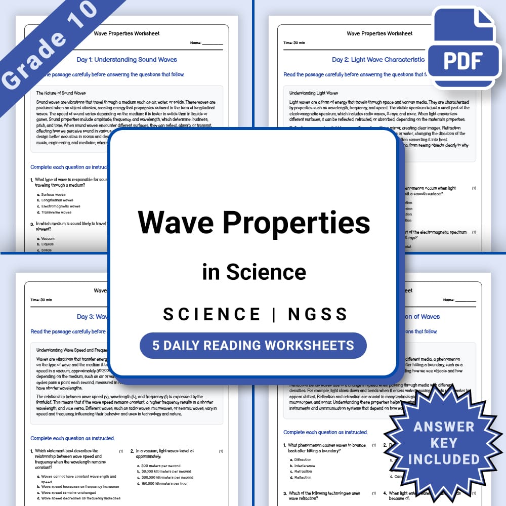 Grade 10 Science daily reading worksheet worksheet — Grade 10 Science – Wave Properties Worksheet (PDF +Answer Key) — page 1