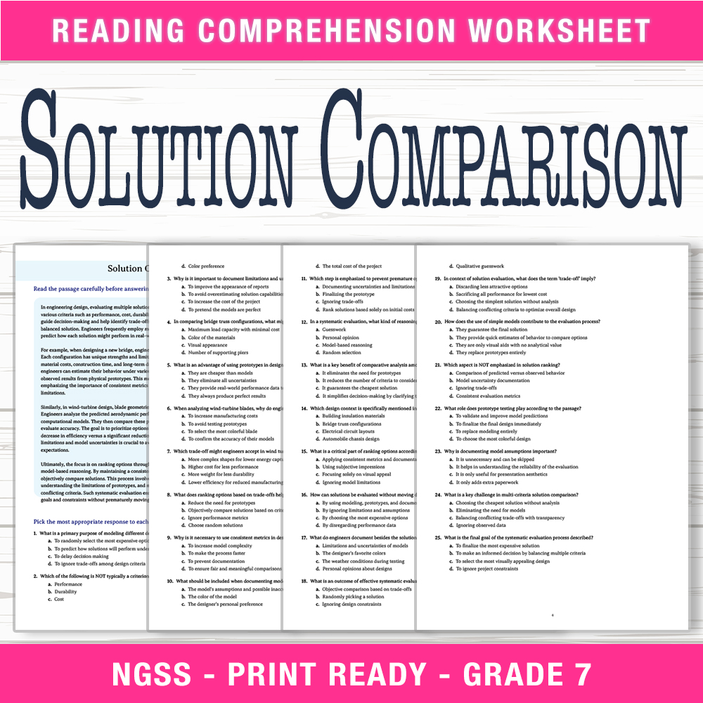 Grade 7 Science worksheet worksheet — Grade 7 Science – Solution Comparison Worksheet (PDF + Answer Key) — page 1