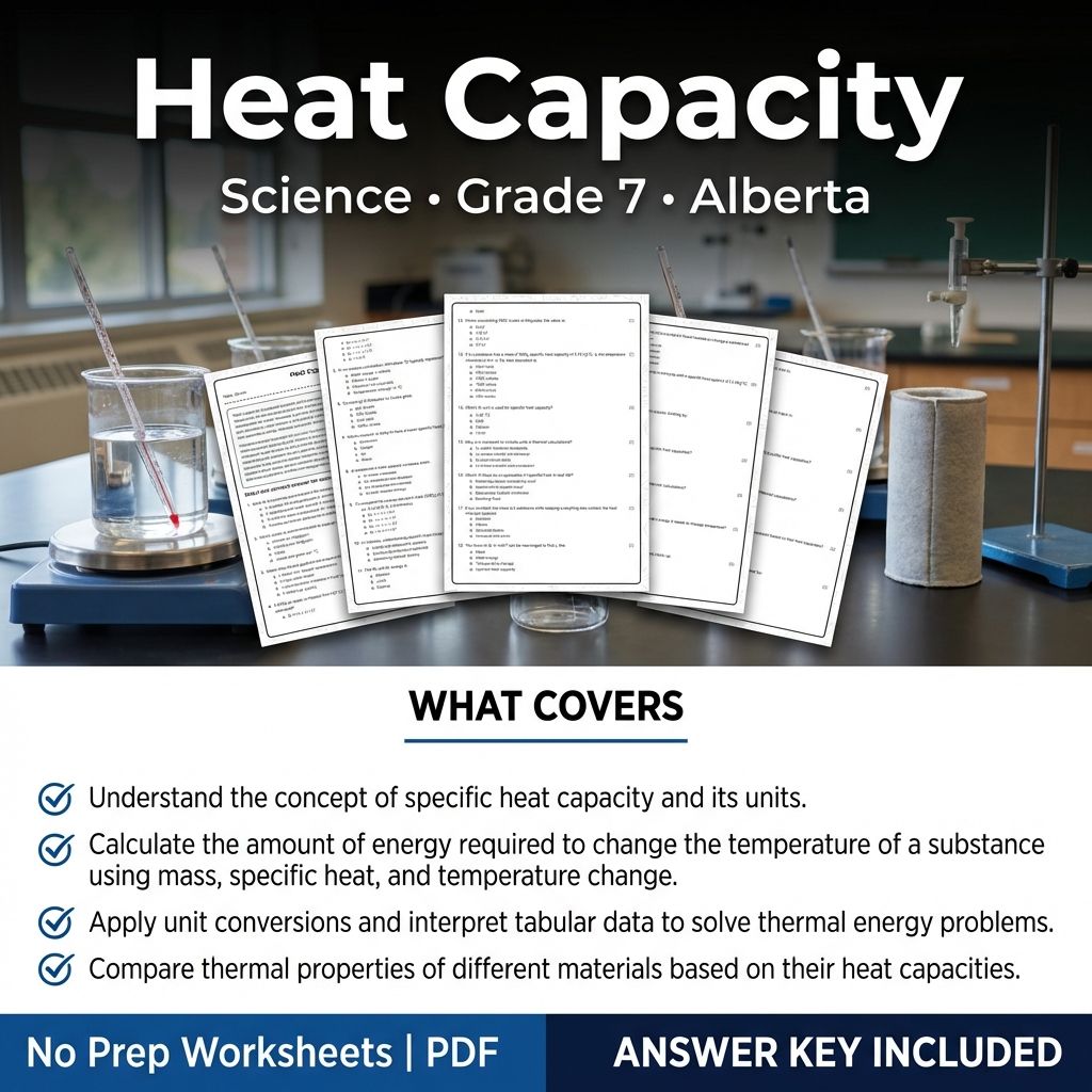 Heat Capacity Worksheet for Grade 7 Science | Alberta Standards Practice