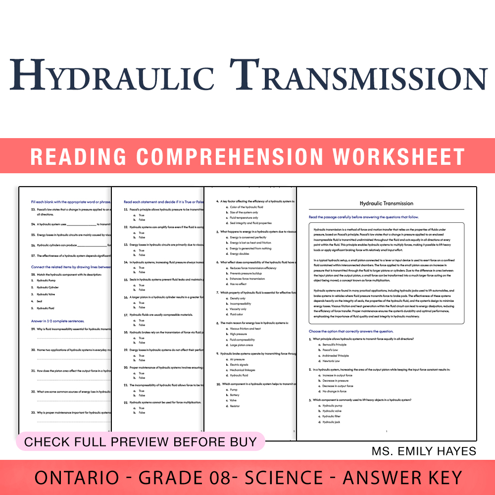 Grade 8 Science worksheet worksheet — 8th Grade Science | Hydraulic Transmission Worksheet (PDF+ Answer Key) — page 1