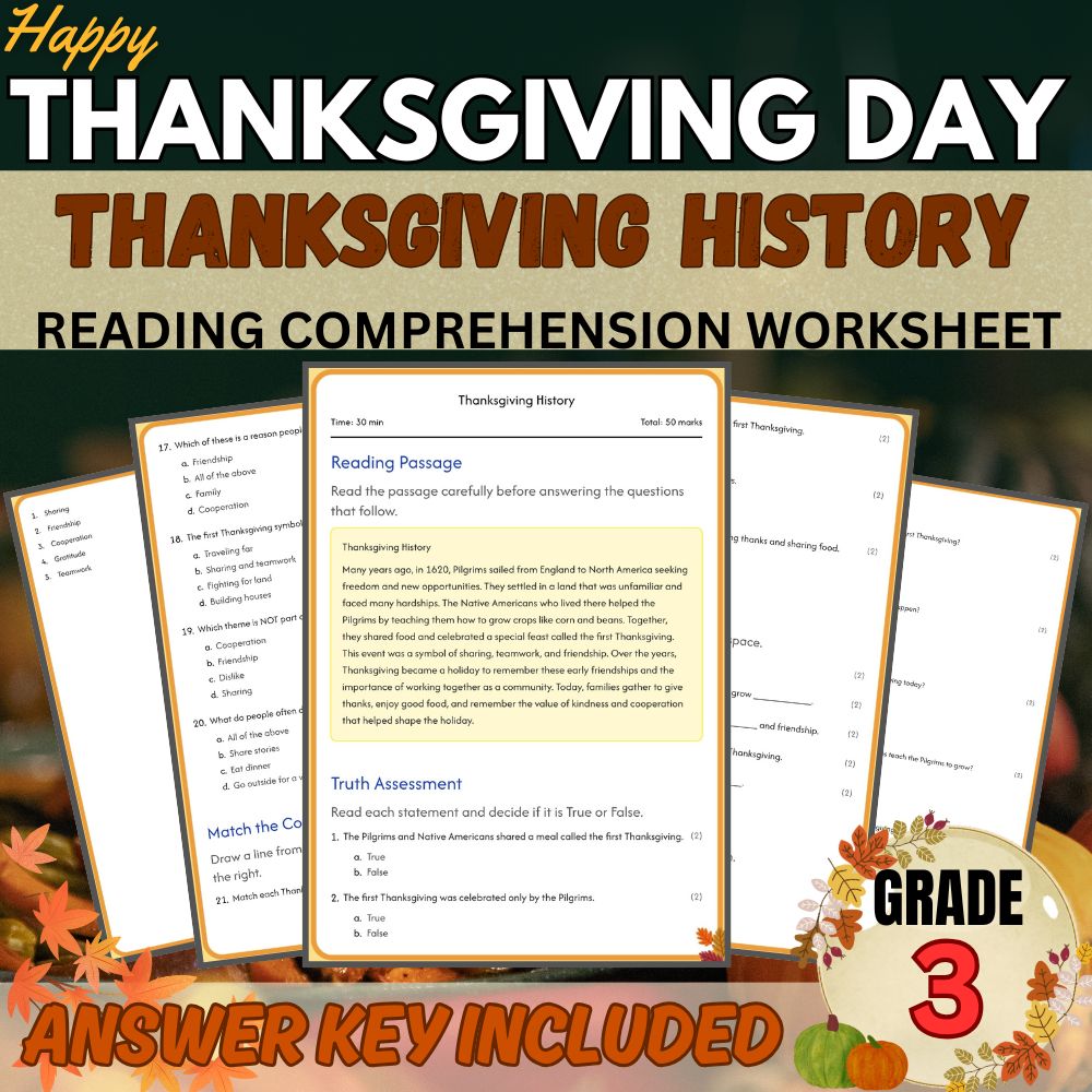 Grade 3 |Happy Thanksgiving Worksheet for Understanding History|PDF + Answer Key