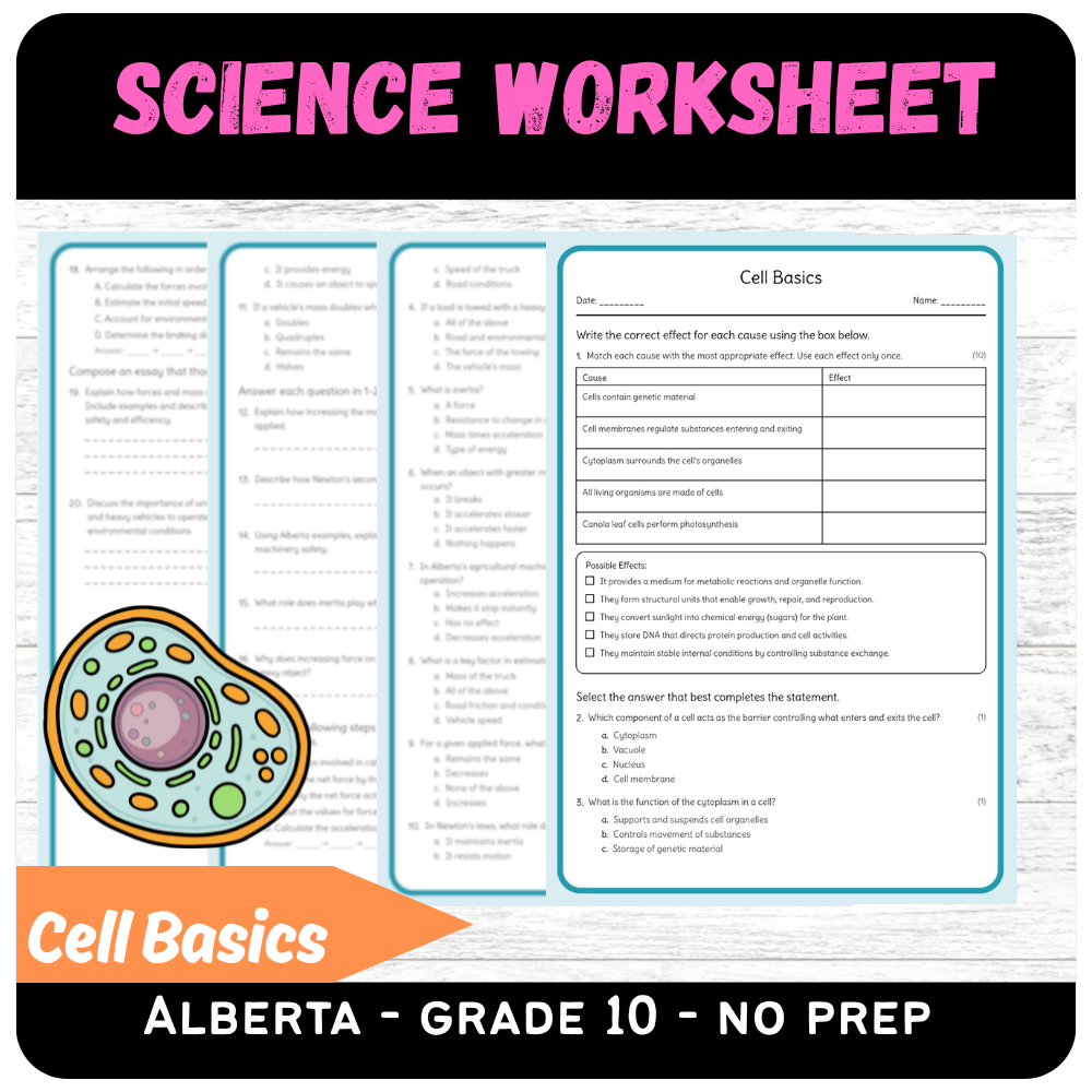 Grade 10 Science Worksheet – Cell Basics | Alberta Standards – PDF