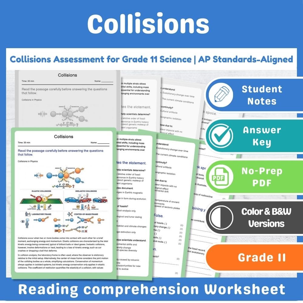Grade 11 Science assessment worksheet — Collisions Assessment for Grade 11 Science | AP Standards-Aligned — page 1