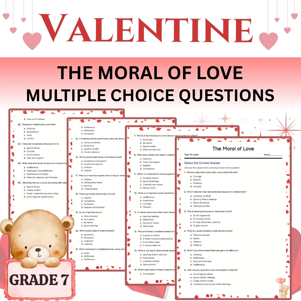Grade 7 Seasonal Valentine MCQ Worksheet | Moral of Love & Respect (PDF)