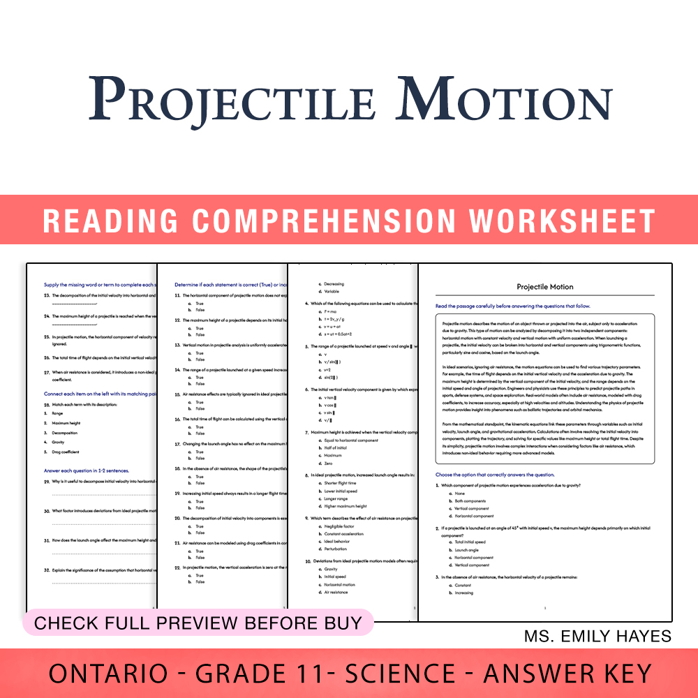 Grade 11 Science worksheet worksheet — Grade 11 Science | Projectile Motion Worksheet (PDF + Answer Key) — page 1