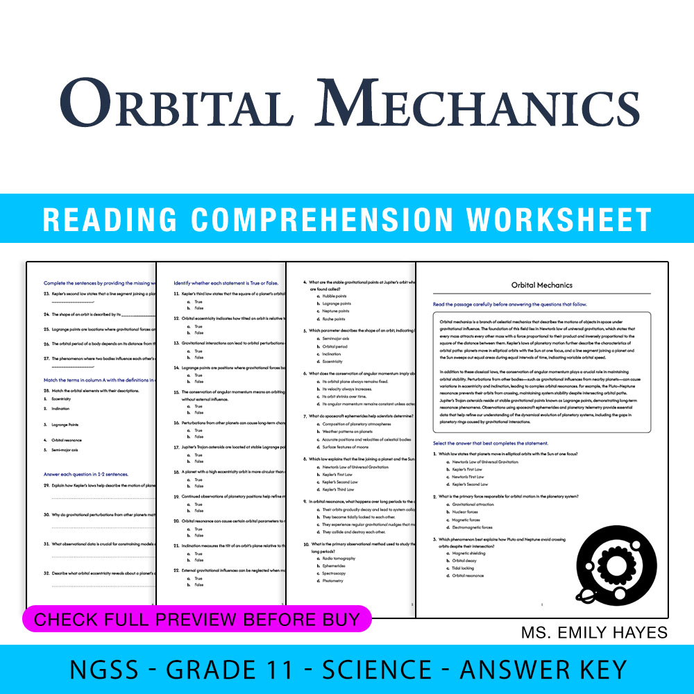 Grade 11 Science worksheet — 11th Grade Science | Orbital Mechanics Worksheet (PDF+ Answer Key) — page 1