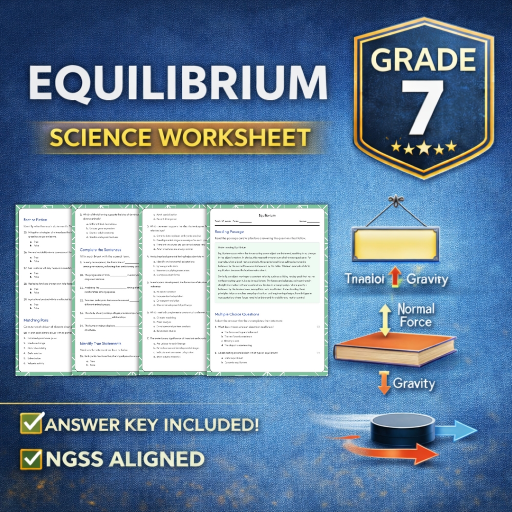 7th Grade Science | Equilibrium Worksheet (NGSS) with Answer Key