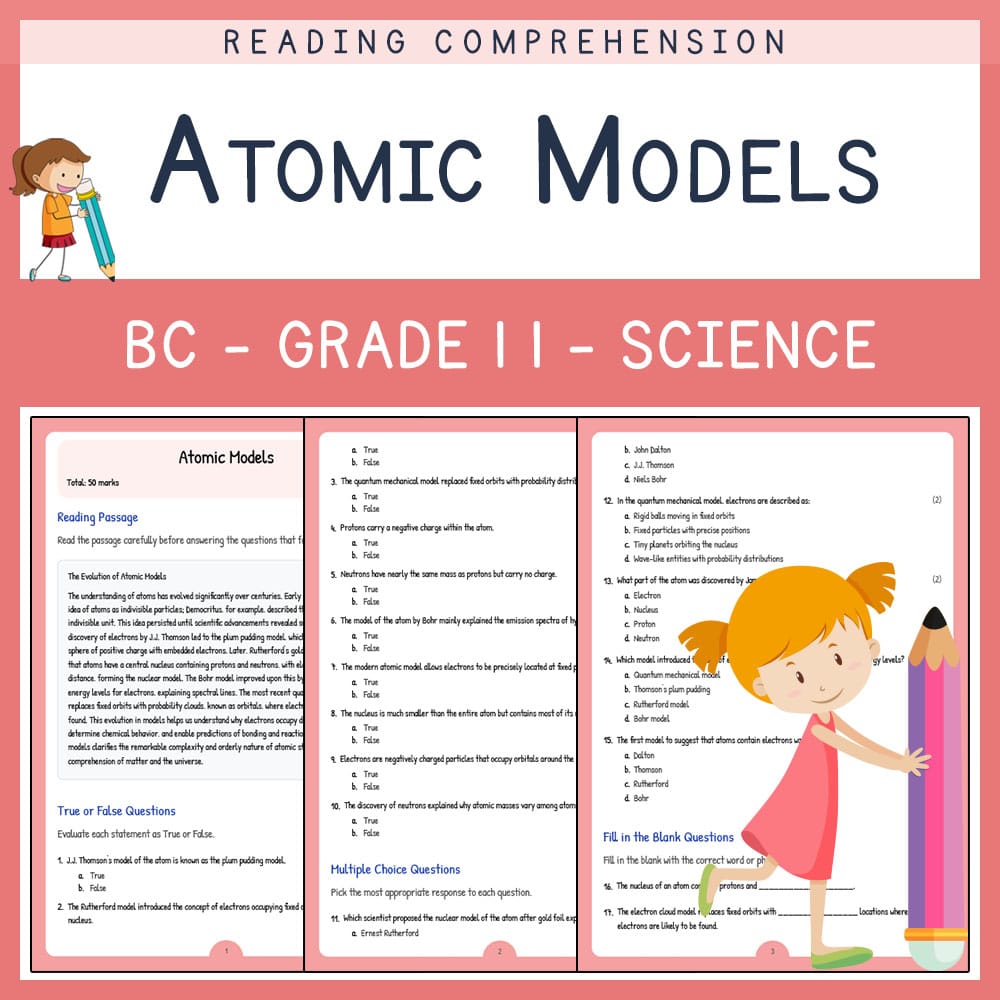 Grade 11 Science worksheet elena worksheet — Grade 11 Science | Atomic Models Worksheet | BC Aligned — page 1