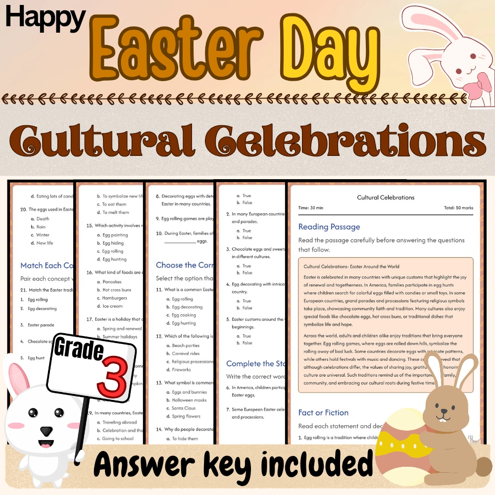 Grade 3 Seasonal | Happy Easter Cultural Celebrations Worksheet PDF + Answer Key