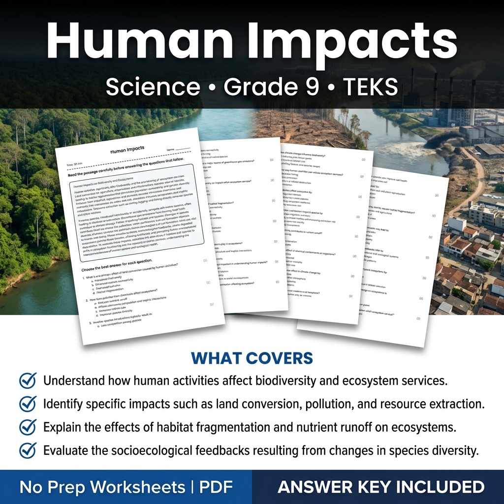 Human Impacts Grade 9 Science Worksheet | TEKS Practice & Assessment