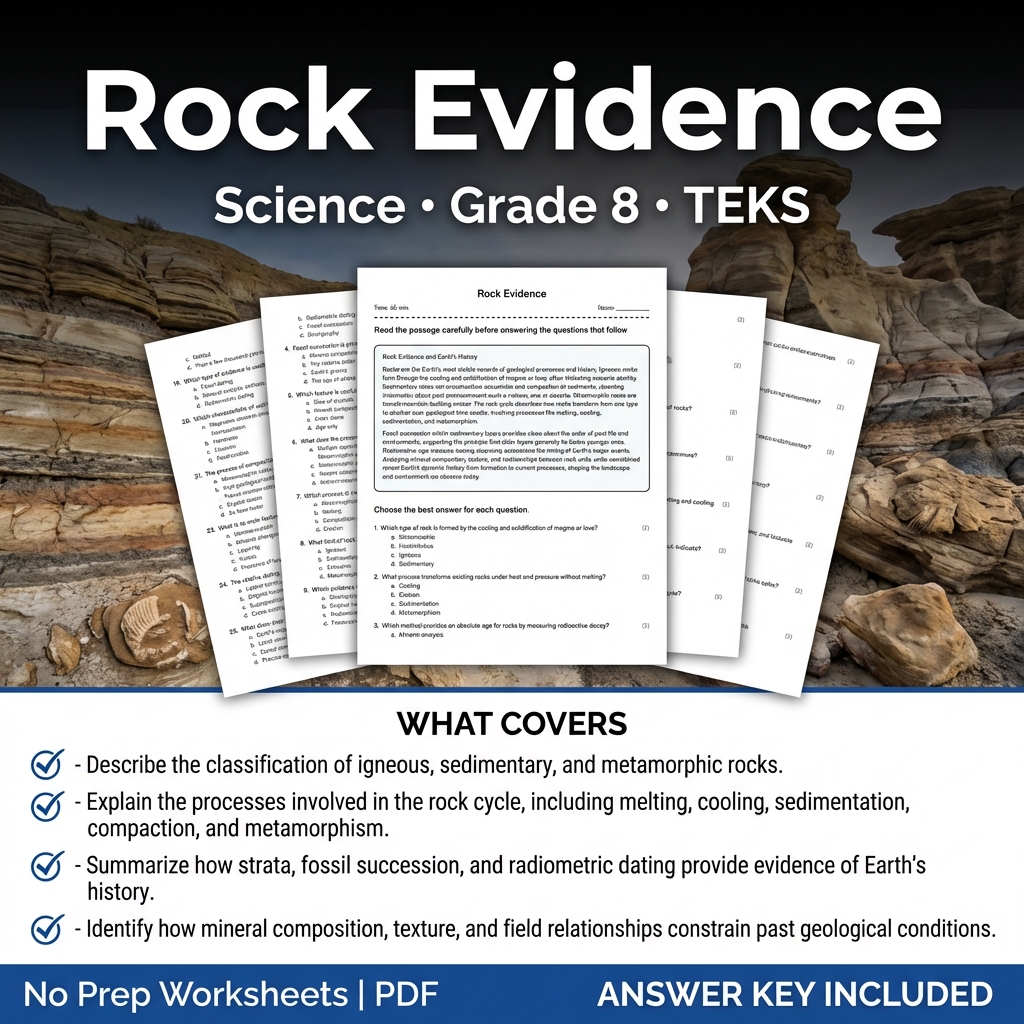 Grade 8 Science Rock Evidence Worksheet and Answer Key TEKS