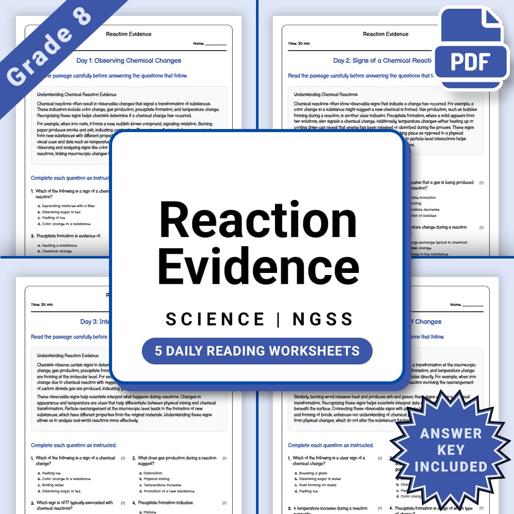 Grade 8 Science daily reading worksheet worksheet — Grade 8 Science – Reaction Evidence Worksheet(PDF + Answer Key) — page 1