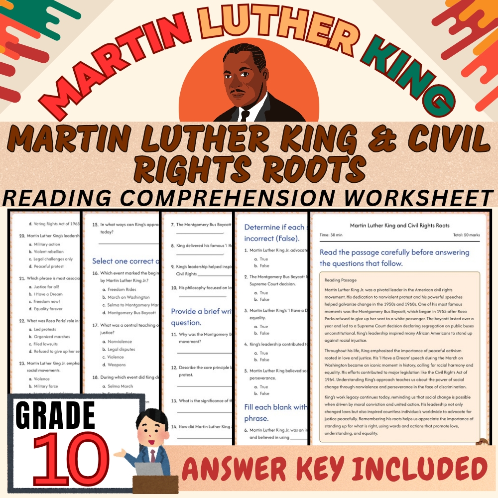 Grade 10 | Martin Luther King and Civil Rights Roots Worksheet PDF + Answer Key