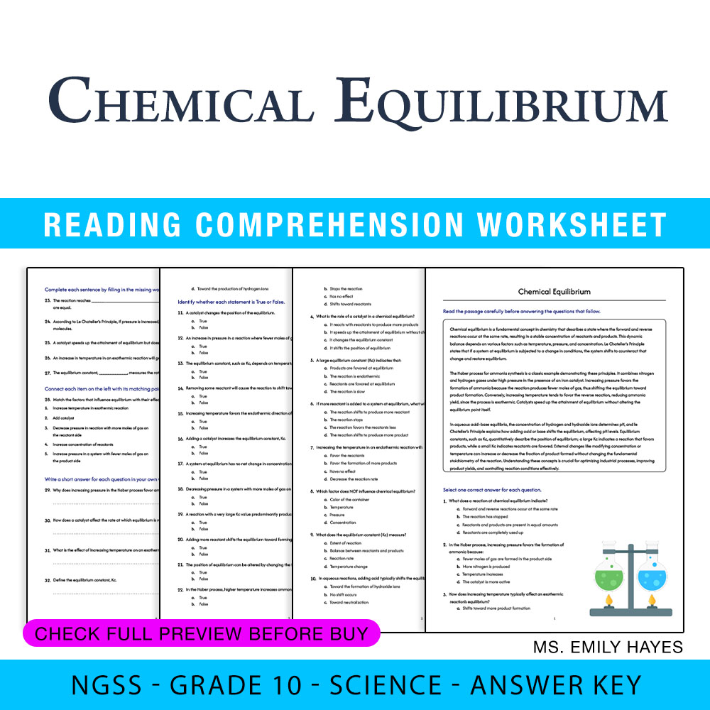 Grade 10 Science — worksheet — 10th Grade Science | Chemical Equilibrium Worksheet (PDF+ Answer Key) — page 1