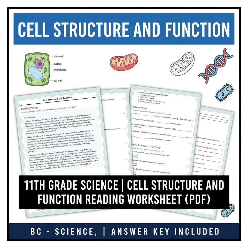 Grade 11 Science reading worksheets — 11th Grade Science | Cell Structure and Function Reading Worksheet (PDF)