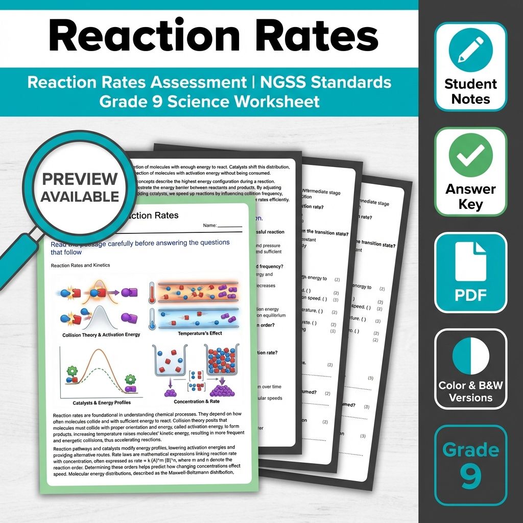 Reaction Rates Assessment | NGSS Standards Grade 9 Science Worksheet