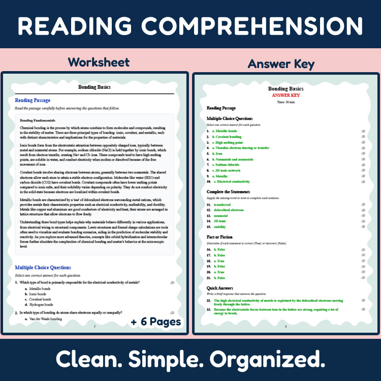 Grade 12 Science reading worksheets worksheet — 12th Grade Science | Bonding Basics Reading Worksheet & Answer Key (PDF) —…