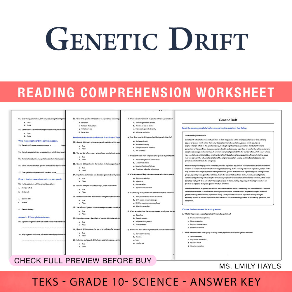 Grade 10 Science worksheet worksheet — 10th Grade Science | Genetic Drift Worksheet (PDF+ Answer Key) — page 1