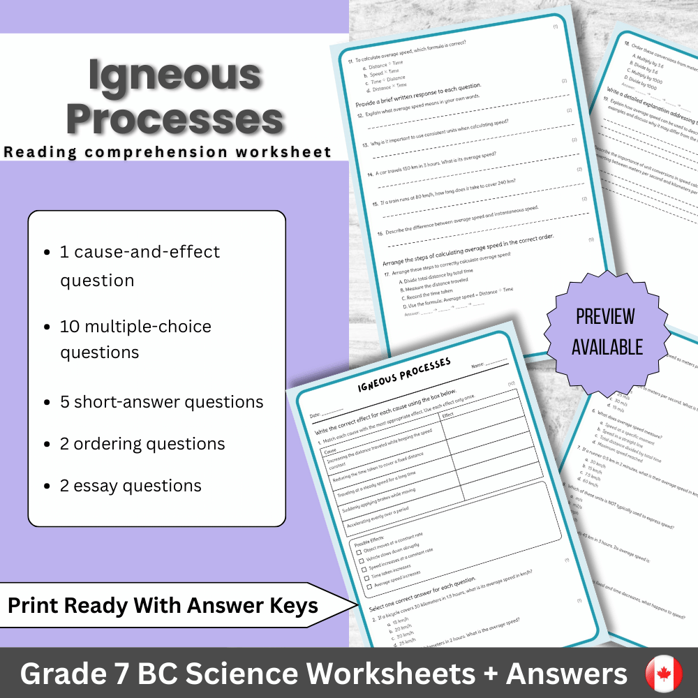 Grade 7 Science – Igneous Processes Worksheet (PDF) | Standard BC
