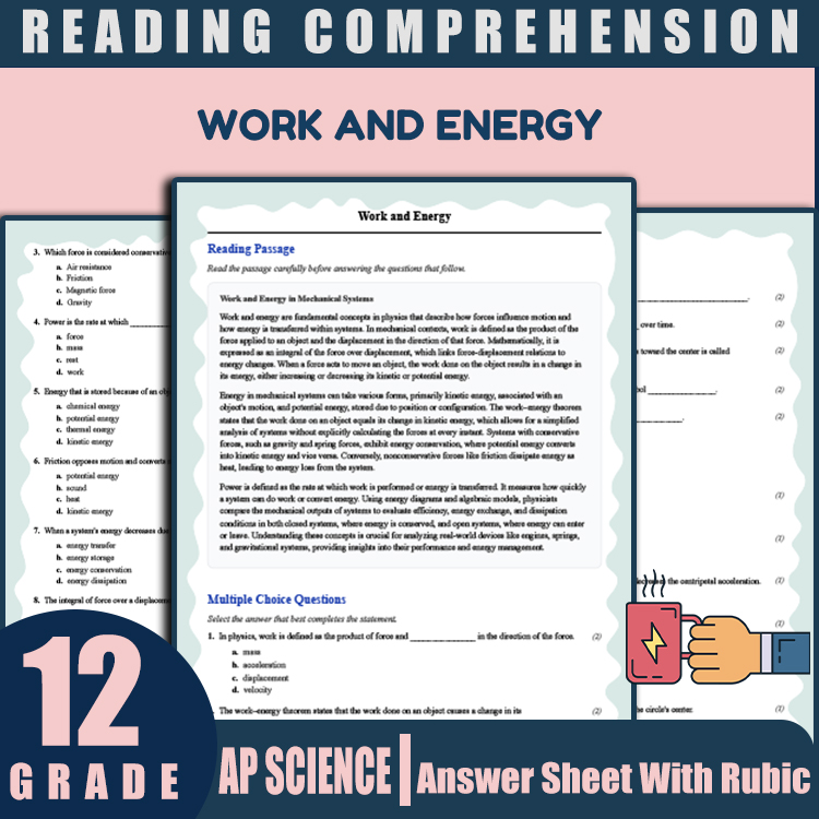 Grade 12 Science reading worksheets worksheet — Grade 12 Science | Work and Energy Reading Worksheet (PDF + Answer Key) —…