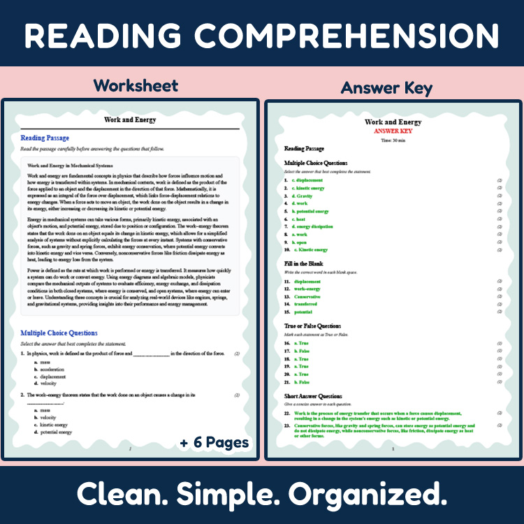 Grade 12 Science reading worksheets worksheet — Grade 12 Science | Work and Energy Reading Worksheet (PDF + Answer Key) —…