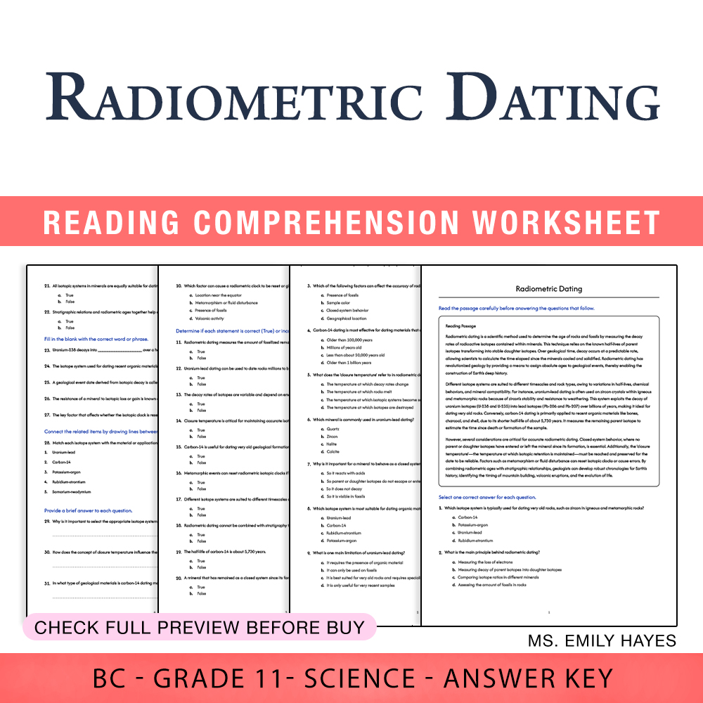 Grade 11 Science worksheet worksheet — Grade 11 Science | Radiometric Dating Worksheet (PDF + Answer Key) — page 1