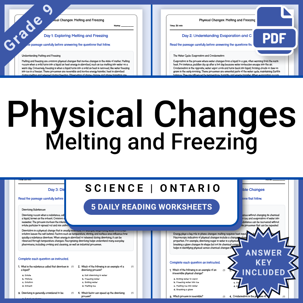 Grade 9 Science Lesson Group: Ontario Curriculum Daily Reading Worksheets — included worksheet 3