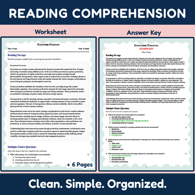 Grade 11 Science reading worksheets worksheet — Grade 11 Science | Ecosystem Processes Reading Worksheet (PDF + Answer Key…