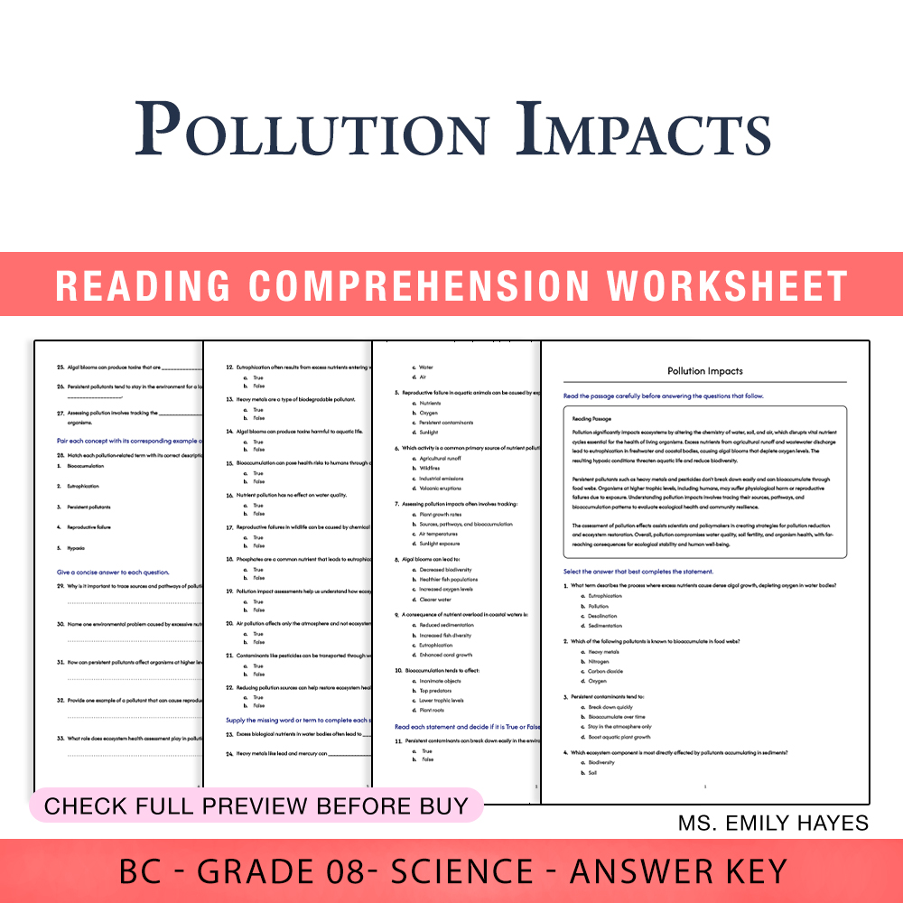 Grade 8 Science worksheet worksheet — 8th Grade Science | Pollution Impacts Worksheet (PDF+ Answer Key) — page 1