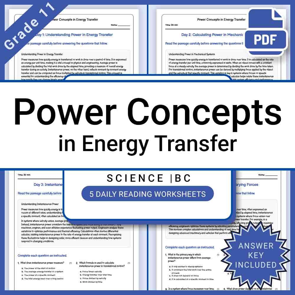 Grade 11 Science daily reading worksheet worksheet — Grade 11 Science – Power Concepts in Energy Transfer Worksheet + Answ…