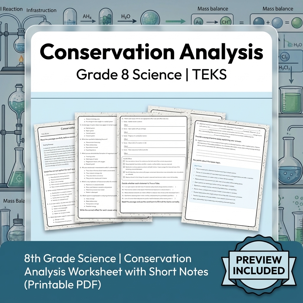 8th Grade Science Conservation Analysis Worksheet with Short Notes (PDF)