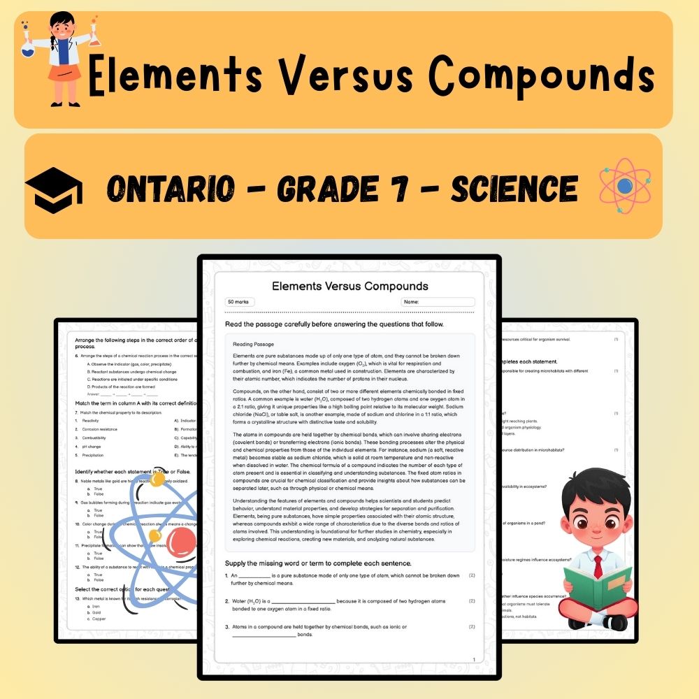 Grade 7 Science worksheet worksheet — Grade 7 Science | Elements vs Compounds Worksheet (PDF ) — page 1