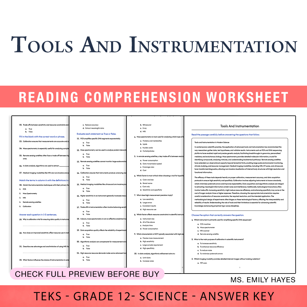 Grade 12 Science worksheet worksheet — 12th Grade Science | Tools and Instrumentation Worksheet (PDF+ Answer Key) — page 1