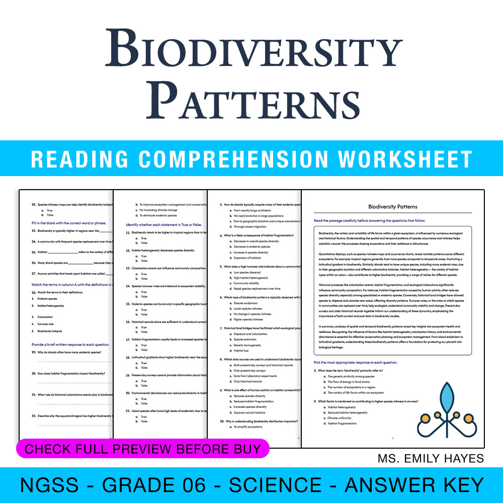 Grade 6 Science worksheet worksheet — 6th Grade Science | Biodiversity Patterns Worksheet (PDF + Answer Key) — page 1