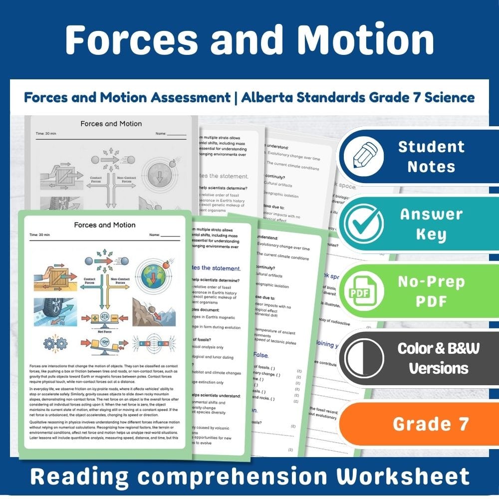 Grade 7 Science assessment worksheet — Forces and Motion Assessment | Alberta Standards Grade 7 Science — page 1
