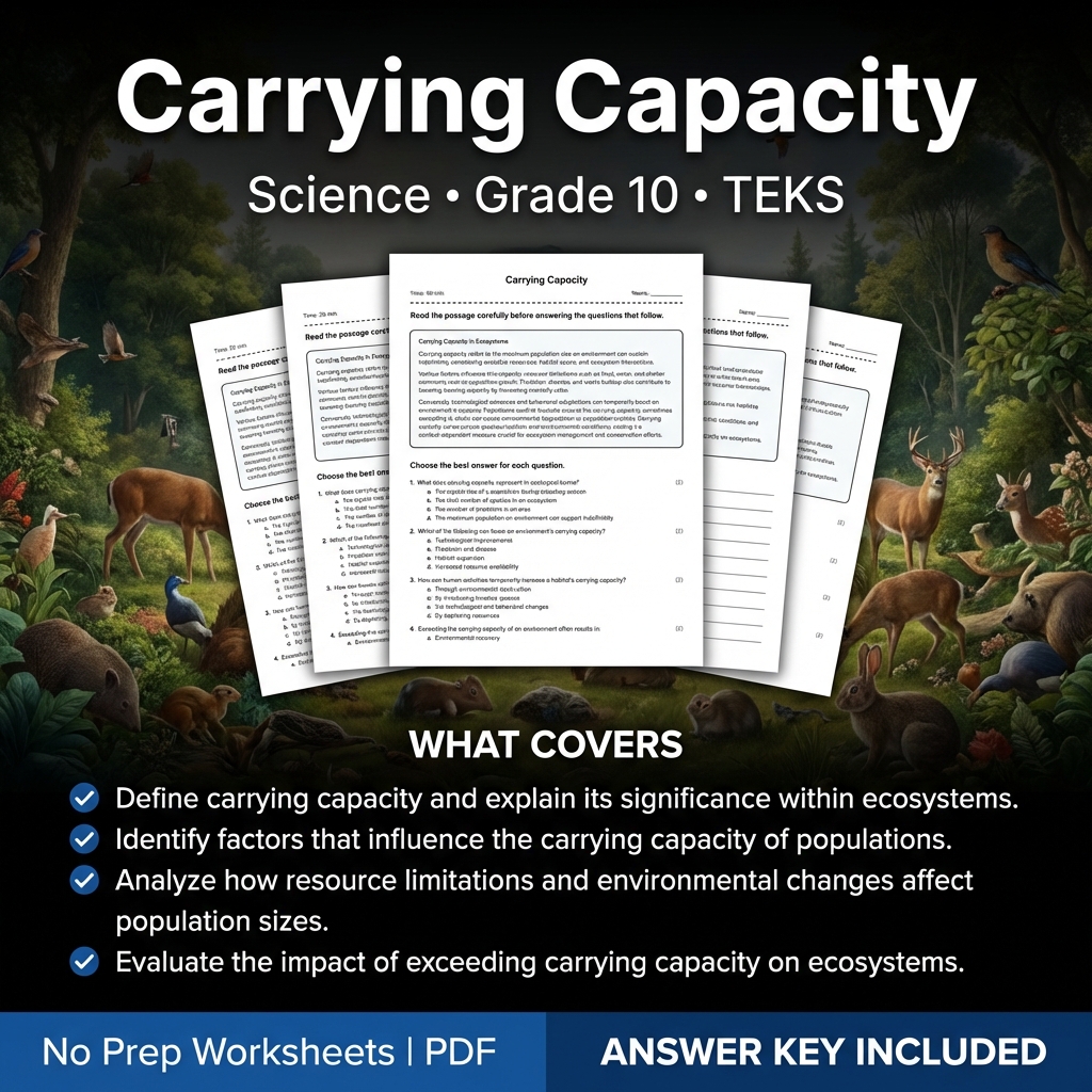 Grade 10 Science Worksheet Carrying Capacity TEKS Practice PDF
