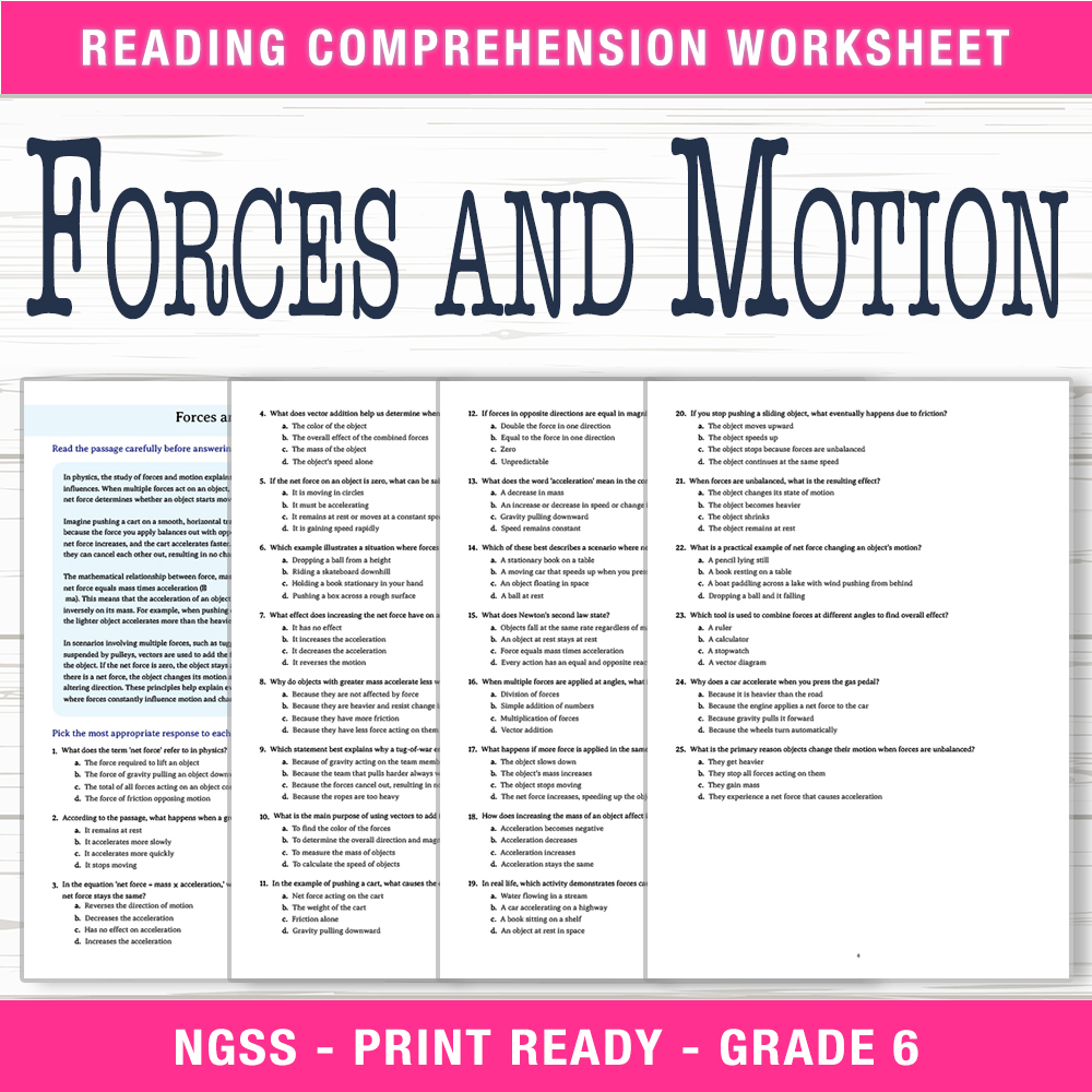 Grade 6 Science worksheet worksheet — Grade 6 Science | Forces and Motion Worksheet (PDF + Answer Key) — page 1