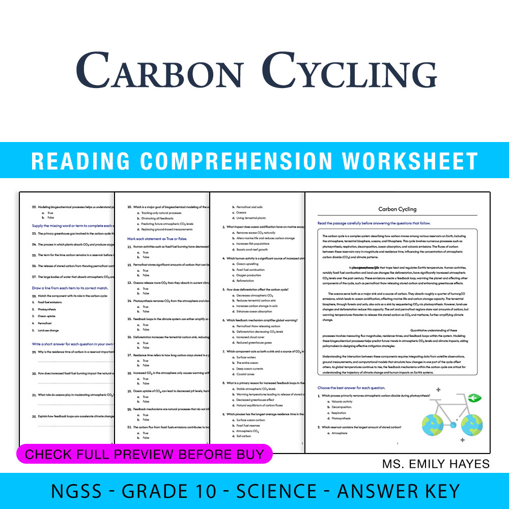 Grade 10 Science worksheet worksheet — 10th Grade Science | Carbon Cycling Worksheet (PDF+ Answer Key) — page 1