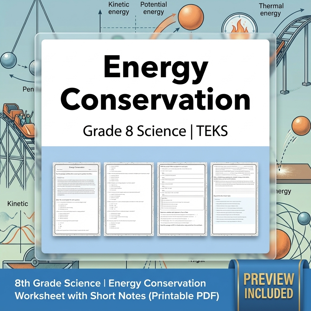 8th Grade Science Energy Conservation Worksheet with Short Notes (Printable PDF)