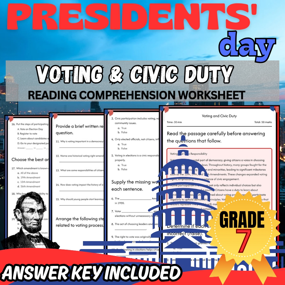 Grade 7 Presidents' Day Unit Bundle| Holiday Lesson Worksheets for Middle School — included worksheet 1