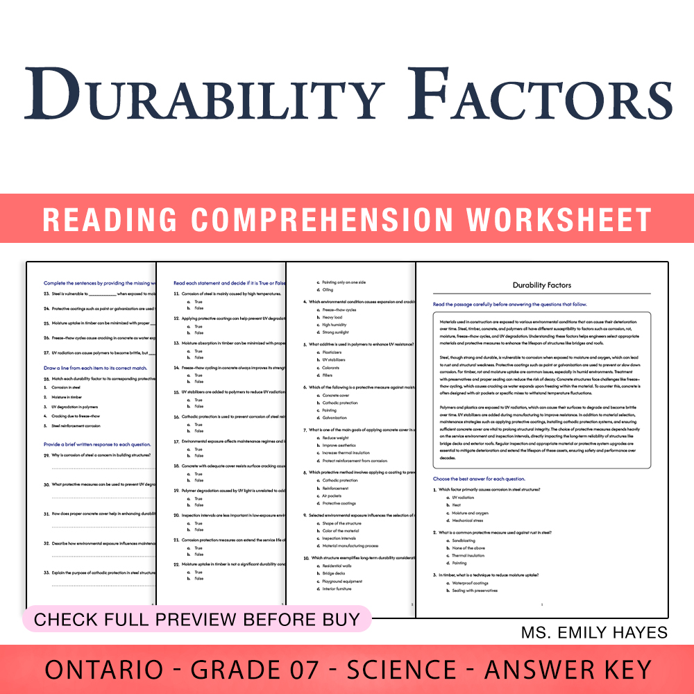 Grade 7 Science worksheet worksheet — Grade 7 Science | Durability Factors Worksheet (PDF+ Answer Key) — page 1
